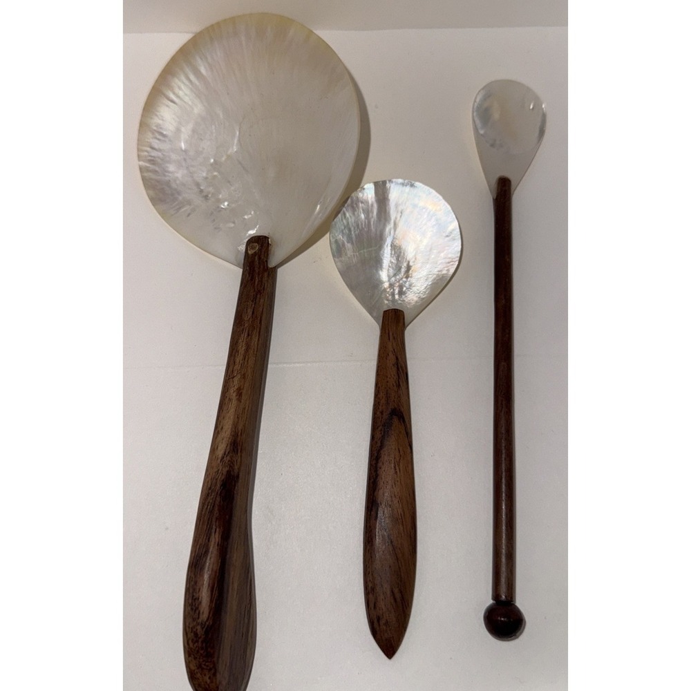 3 Vtg Mother of Pearl Spoons  w/ Coconut Wood Handle For Jam Cream Caviar #1619
